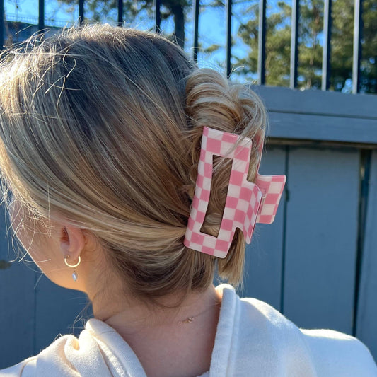 Pink Checkered Hair Claw Clip